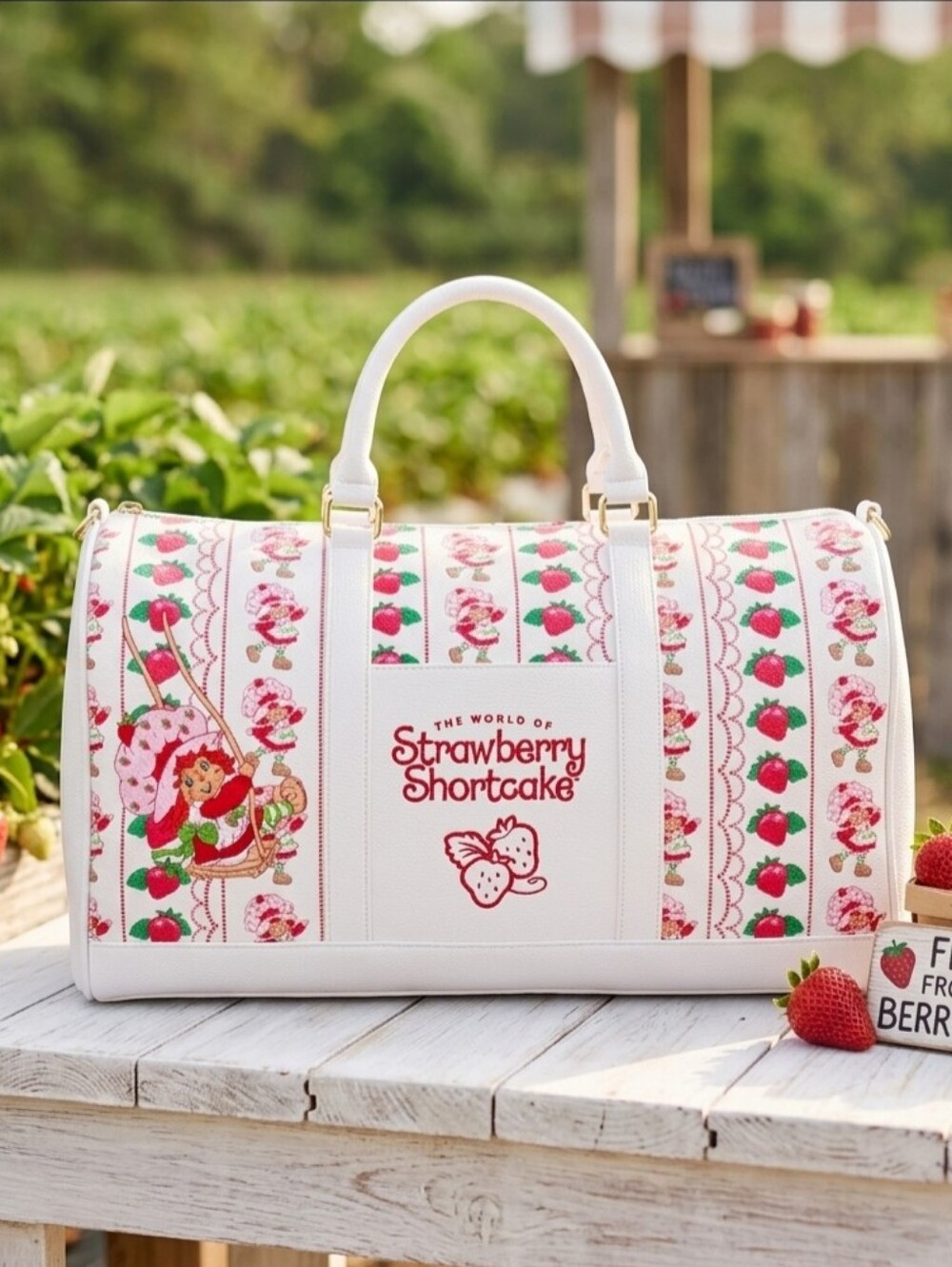 New Strawberry Shortcake Shoulder Tote Bag — Embroidered Weekend Duffle - Picture 1 of 6
